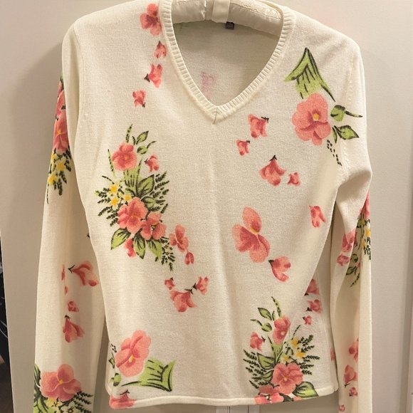 VINTAGE WHITE PINK FLORAL V-NECK SWEATER - Picture 1 of 5